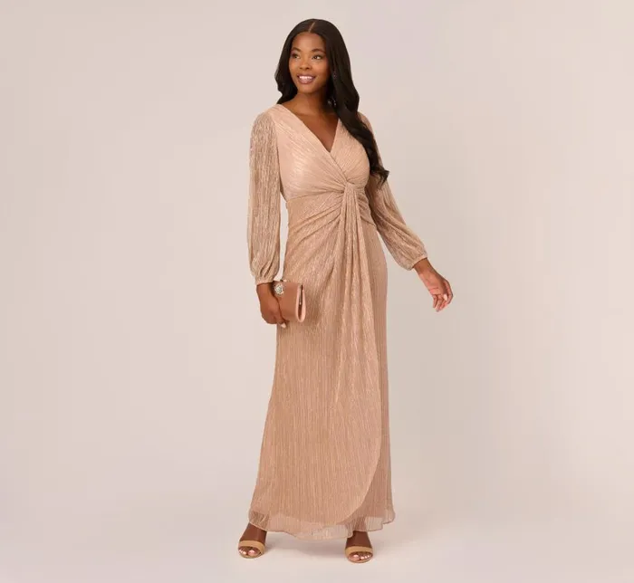 Long Dresses Womens Adrianna Papell Metallic Crinkled Mesh Draped Long Gown In Light Gold
