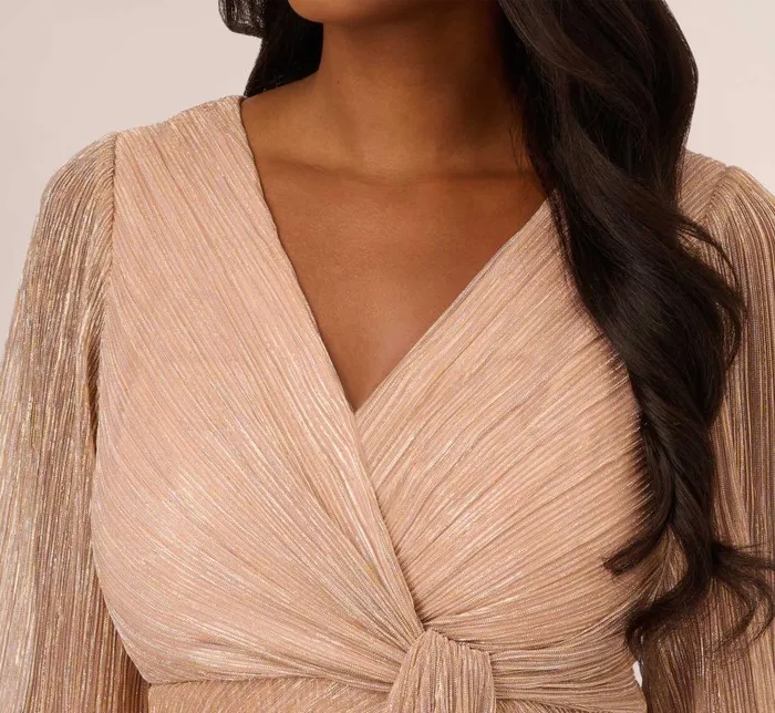 Long Dresses Womens Adrianna Papell Metallic Crinkled Mesh Draped Long Gown In Light Gold