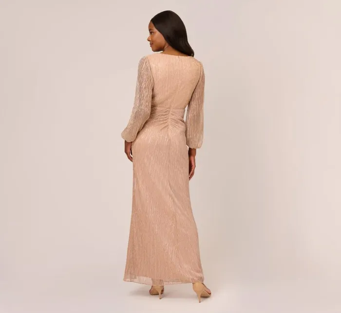 Long Dresses Womens Adrianna Papell Metallic Crinkled Mesh Draped Long Gown In Light Gold