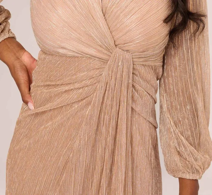 Long Dresses Womens Adrianna Papell Metallic Crinkled Mesh Draped Long Gown In Light Gold