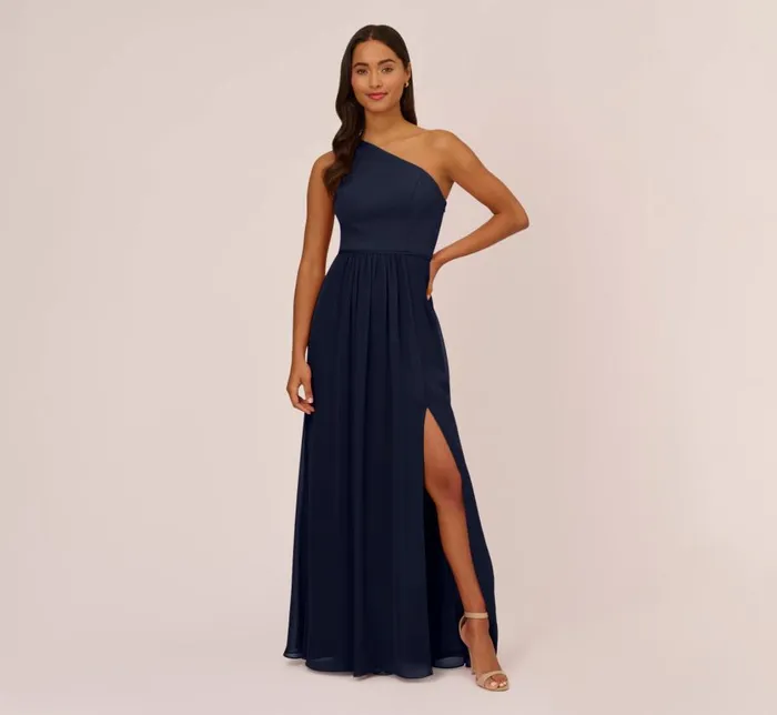 Long Dresses Womens Adrianna Papell OneShoulder Chiffon Long Gown In Midnight