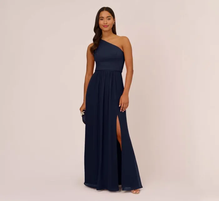 Long Dresses Womens Adrianna Papell OneShoulder Chiffon Long Gown In Midnight