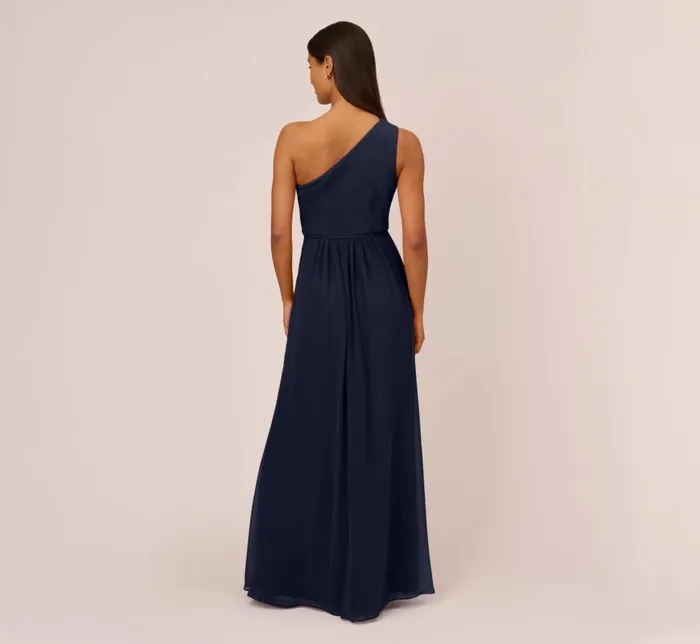 Long Dresses Womens Adrianna Papell OneShoulder Chiffon Long Gown In Midnight