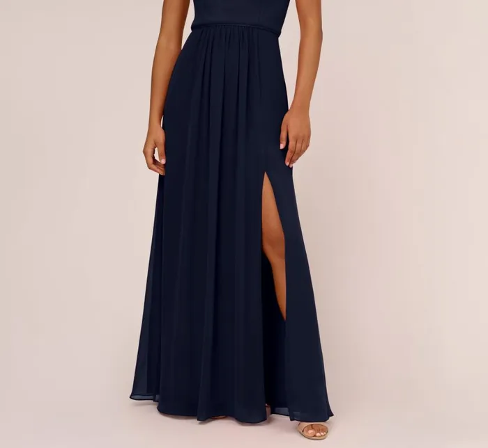 Long Dresses Womens Adrianna Papell OneShoulder Chiffon Long Gown In Midnight