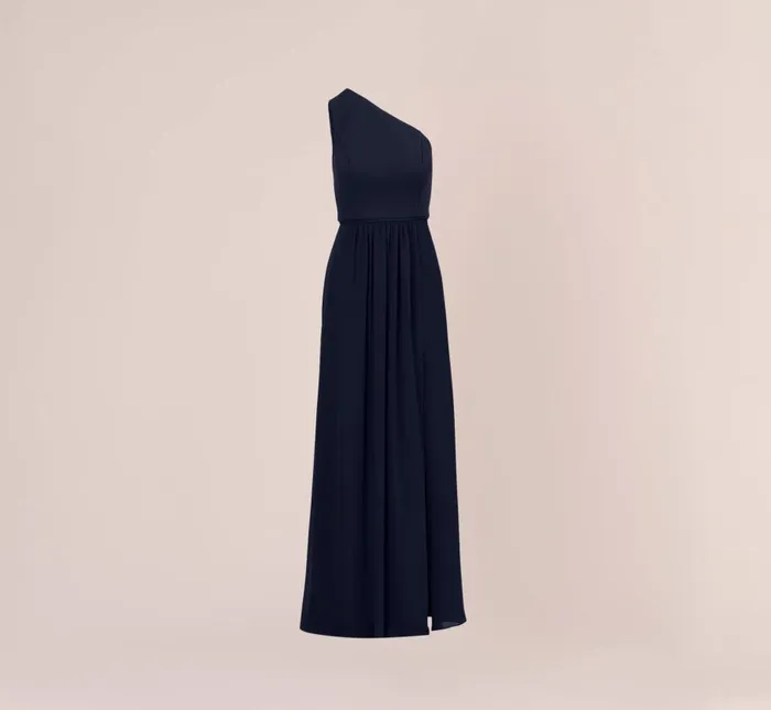 Long Dresses Womens Adrianna Papell OneShoulder Chiffon Long Gown In Midnight