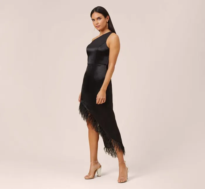 Long Dresses Womens Adrianna Papell OneShoulder Satin Dress With Feather Trim In Black