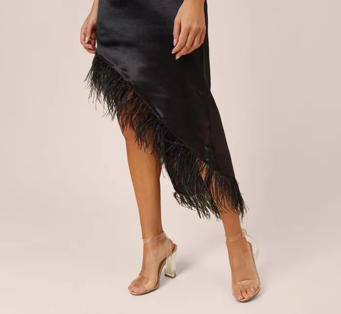 Long Dresses Womens Adrianna Papell OneShoulder Satin Dress With Feather Trim In Black