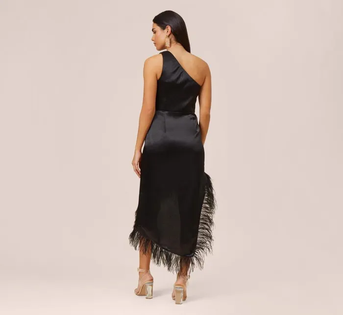 Long Dresses Womens Adrianna Papell OneShoulder Satin Dress With Feather Trim In Black