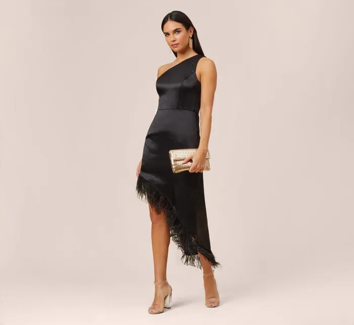 Long Dresses Womens Adrianna Papell OneShoulder Satin Dress With Feather Trim In Black