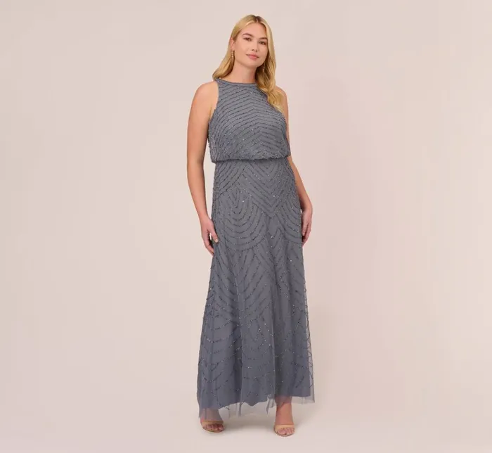Long Dresses Womens Adrianna Papell Plus Size Art Deco Beaded Blouson Dress With Halter Neckline In Dusty Blue