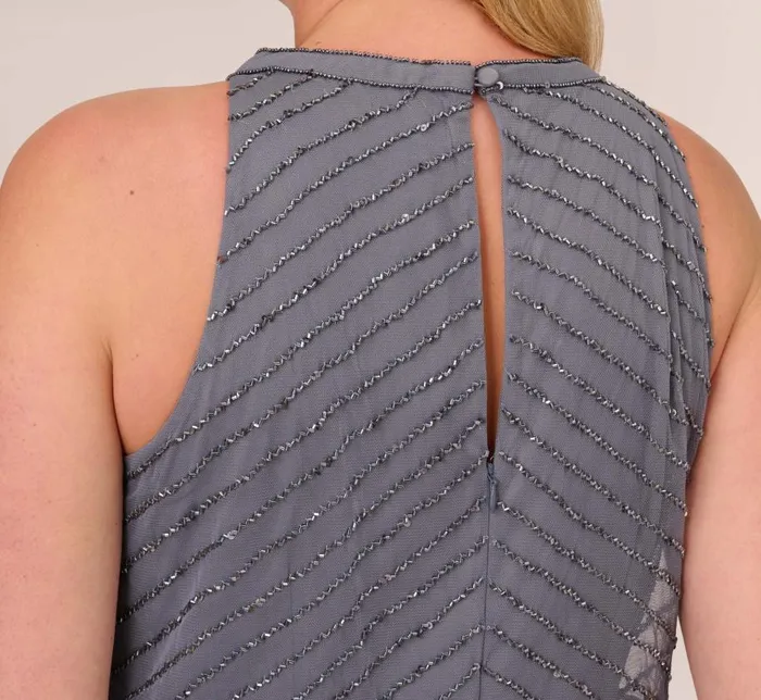 Long Dresses Womens Adrianna Papell Plus Size Art Deco Beaded Blouson Dress With Halter Neckline In Dusty Blue