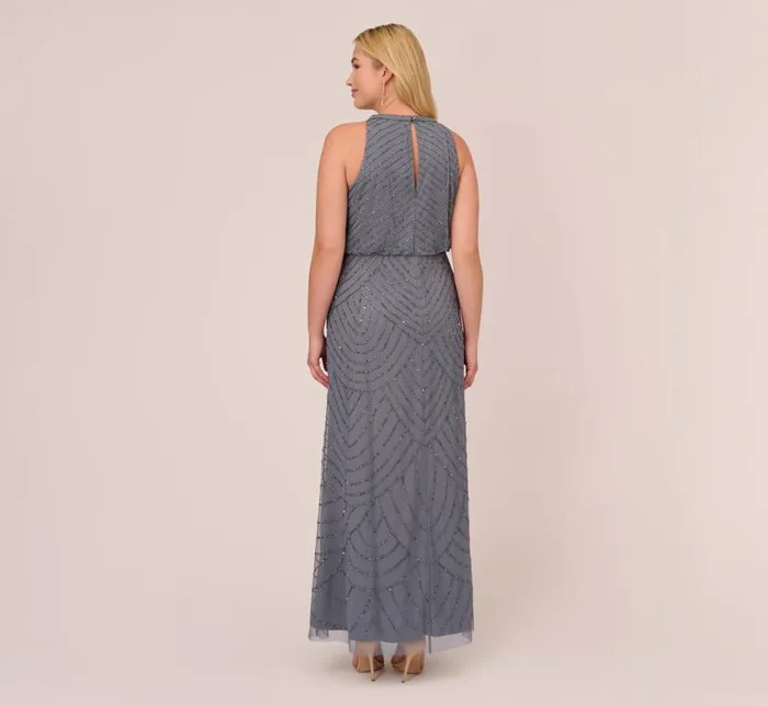 Long Dresses Womens Adrianna Papell Plus Size Art Deco Beaded Blouson Dress With Halter Neckline In Dusty Blue