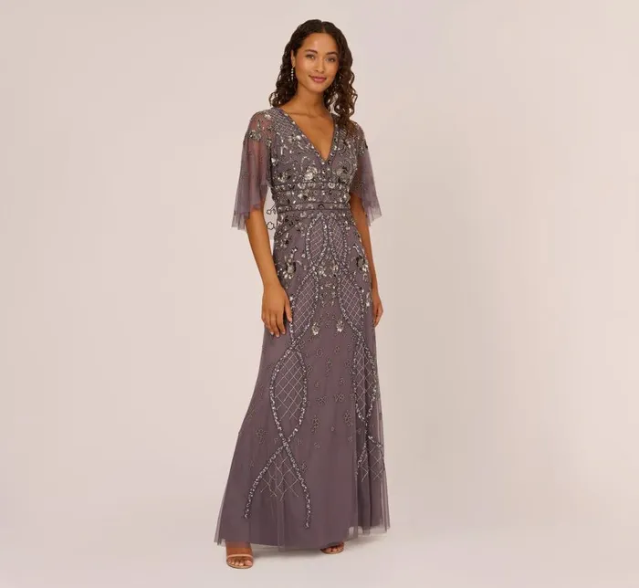 Long Dresses Womens Adrianna Papell Sequin Beaded Gown With Sheer Cape Sleeves In Moonscape