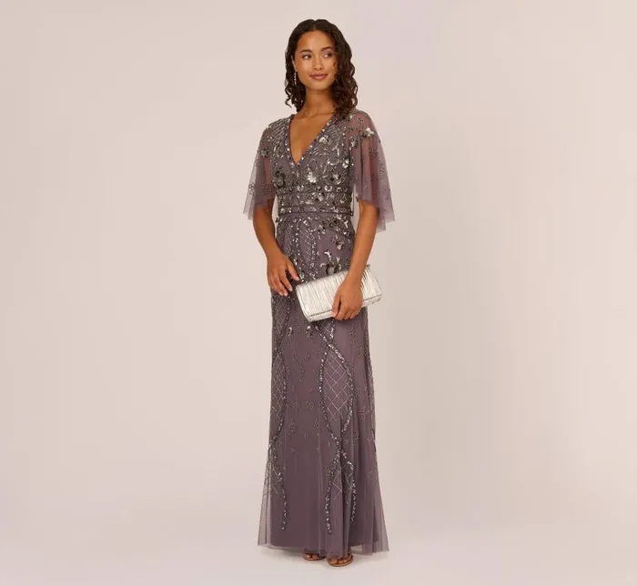 Long Dresses Womens Adrianna Papell Sequin Beaded Gown With Sheer Cape Sleeves In Moonscape