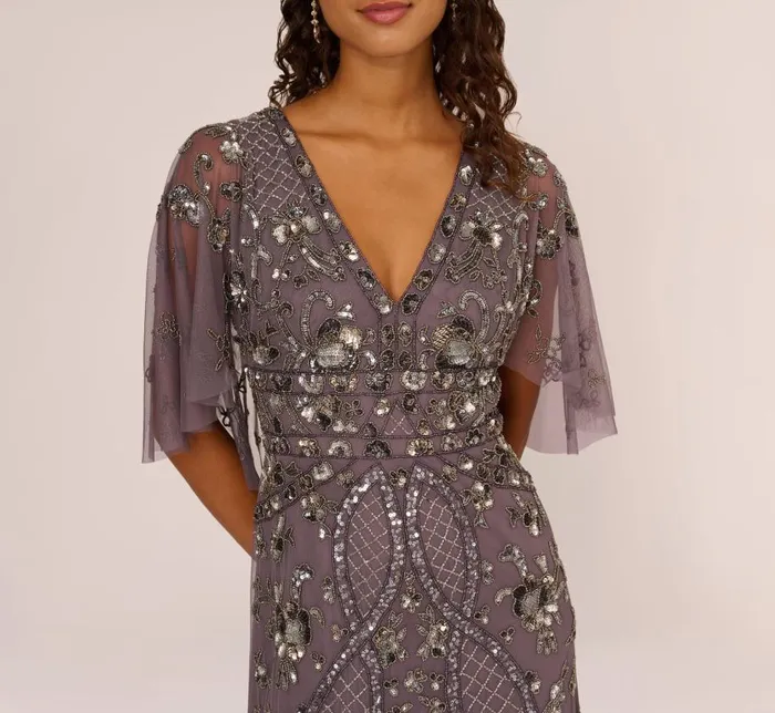 Long Dresses Womens Adrianna Papell Sequin Beaded Gown With Sheer Cape Sleeves In Moonscape