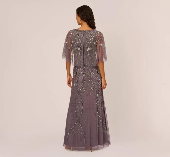 Long Dresses Womens Adrianna Papell Sequin Beaded Gown With Sheer Cape Sleeves In Moonscape