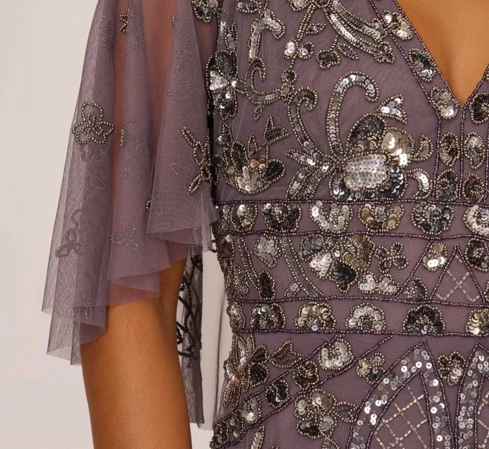 Long Dresses Womens Adrianna Papell Sequin Beaded Gown With Sheer Cape Sleeves In Moonscape