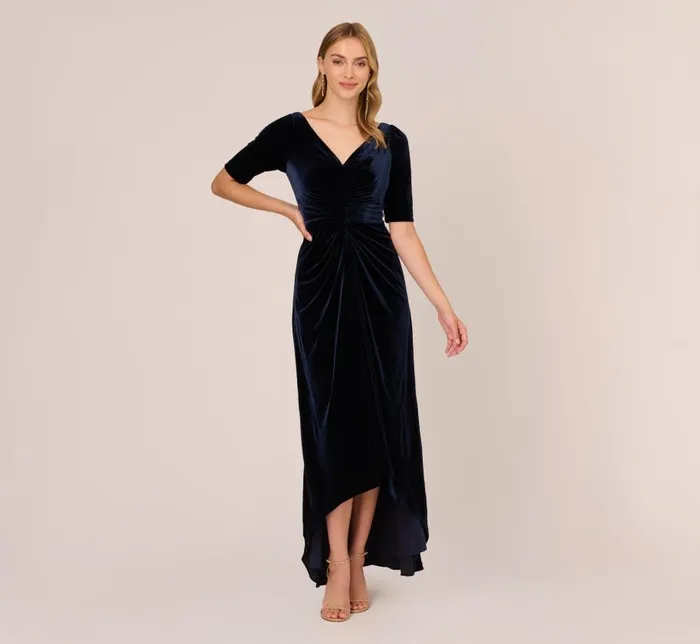 Long Dresses Womens Adrianna Papell Shirred Velvet Gown With ElbowLength Sleeves In Midnight