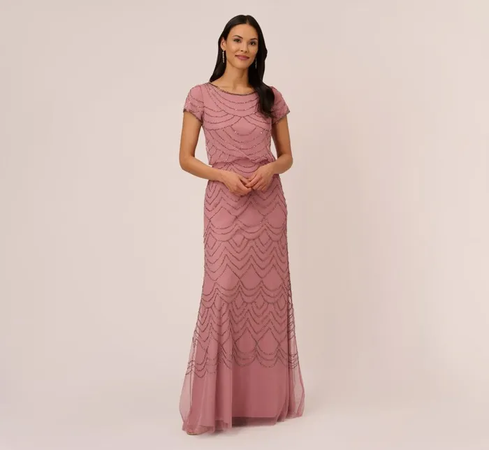 Long Dresses Womens Adrianna Papell Short Sleeve Beaded Blouson Gown In Rose Mercury Long Dresses Womens Adrianna Papell Short Sleeve Beaded Blouson Gown In Rose Mercury
