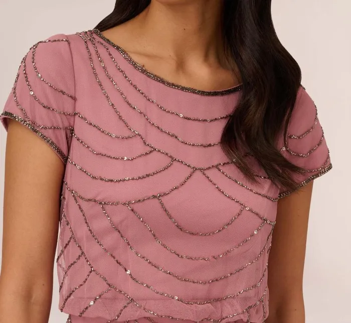 Long Dresses Womens Adrianna Papell Short Sleeve Beaded Blouson Gown In Rose Mercury