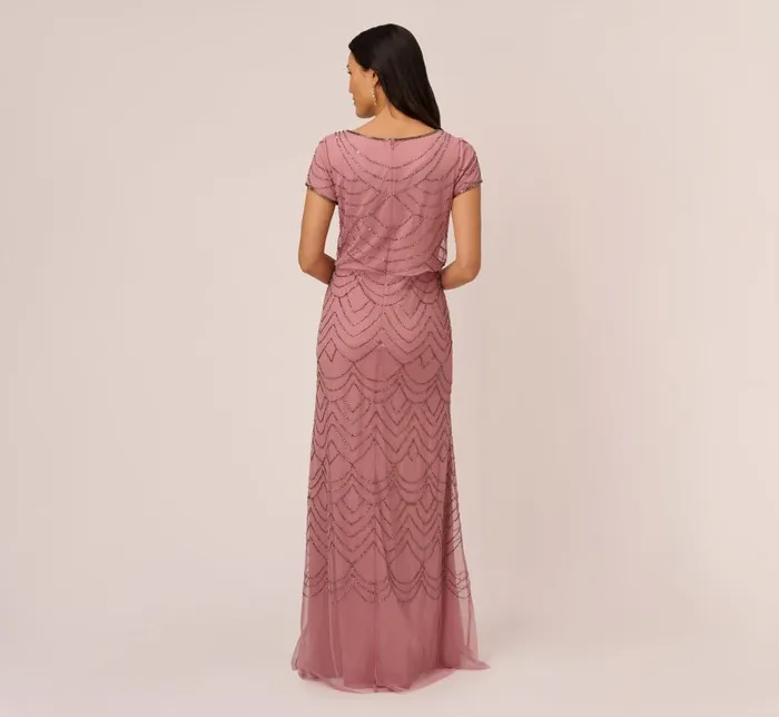 Long Dresses Womens Adrianna Papell Short Sleeve Beaded Blouson Gown In Rose Mercury