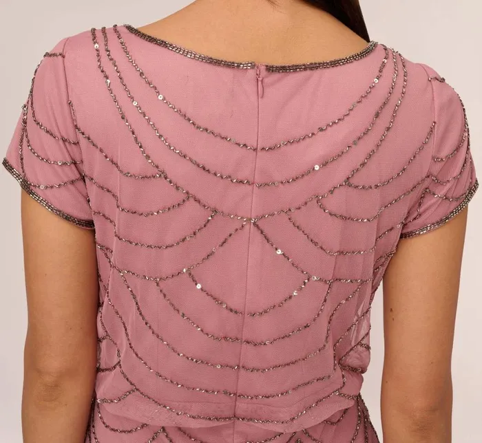 Long Dresses Womens Adrianna Papell Short Sleeve Beaded Blouson Gown In Rose Mercury