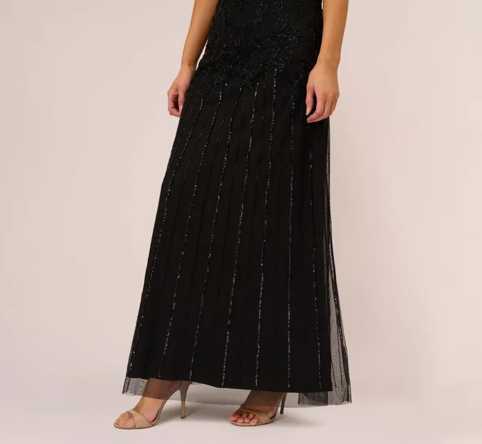 Long Dresses Womens Adrianna Papell Short Sleeve Blouson Beaded Gown In Black