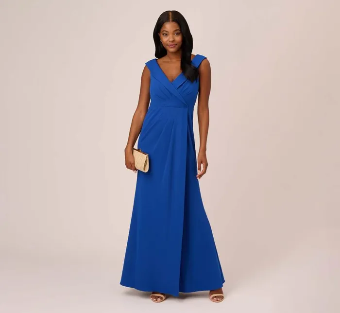 Long Dresses Womens Adrianna Papell Stretch Knit Crepe Long Faux Wrap Mermaid Gown In Rich Royal