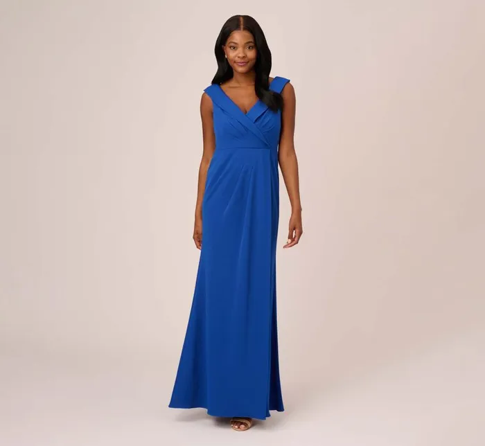 Long Dresses Womens Adrianna Papell Stretch Knit Crepe Long Faux Wrap Mermaid Gown In Rich Royal