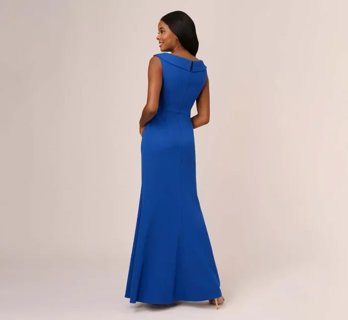 Long Dresses Womens Adrianna Papell Stretch Knit Crepe Long Faux Wrap Mermaid Gown In Rich Royal