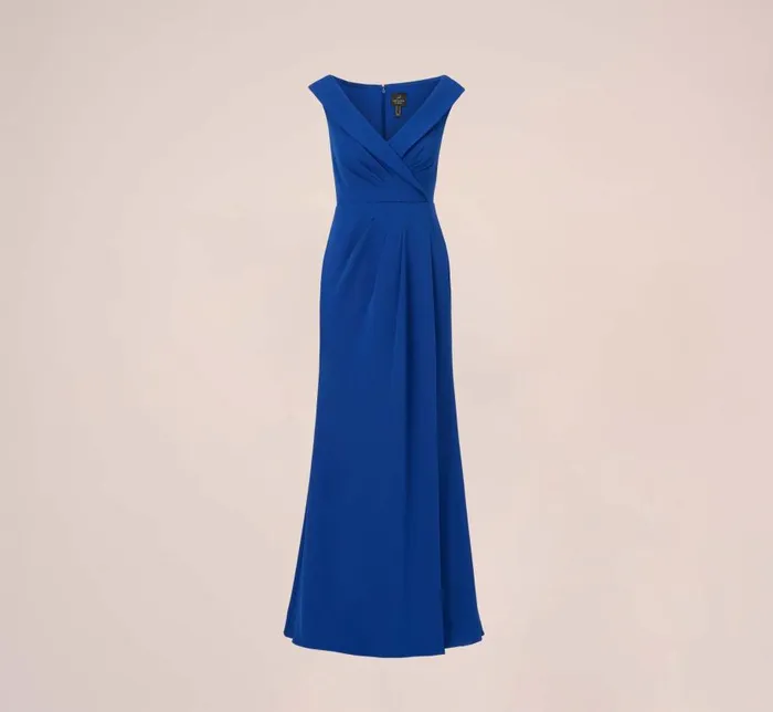 Long Dresses Womens Adrianna Papell Stretch Knit Crepe Long Faux Wrap Mermaid Gown In Rich Royal