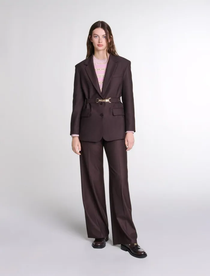 Maje Blazers and Jackets Womens Belted Suit Jacket Brown