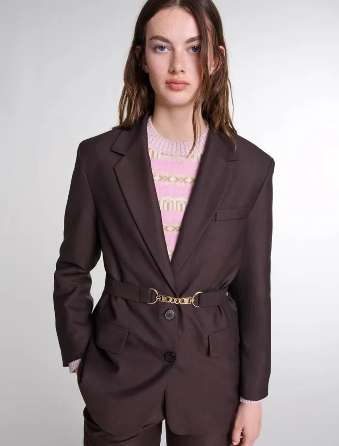 Maje Blazers and Jackets Womens Belted Suit Jacket Brown