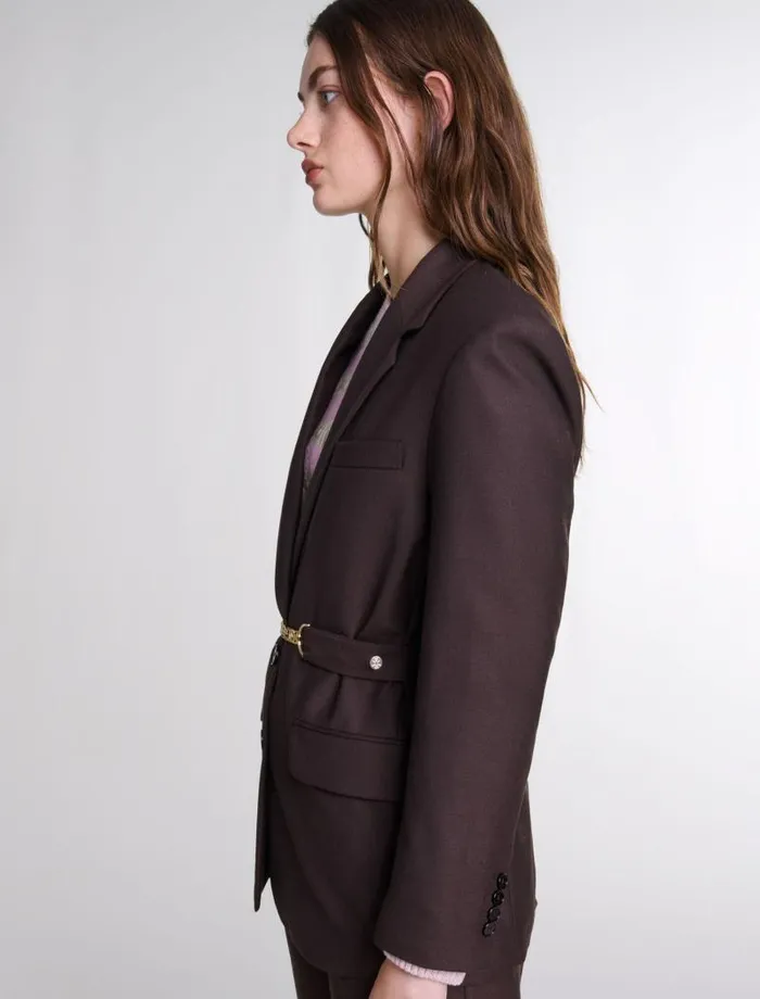 Maje Blazers and Jackets Womens Belted Suit Jacket Brown