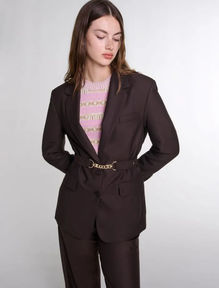 Maje Blazers and Jackets Womens Belted Suit Jacket Brown