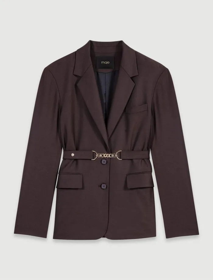 Maje Blazers and Jackets Womens Belted Suit Jacket Brown
