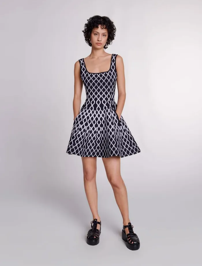 Maje Dresses Womens Short Patterned Knit Dress Blackwhite