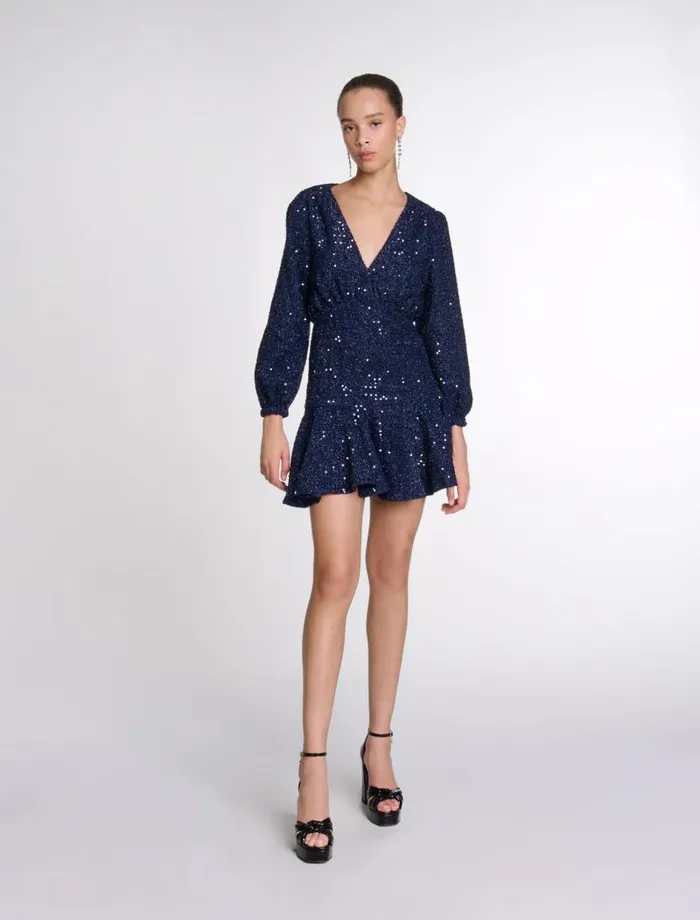 Maje Dresses Womens Short Sequin Dress Navy