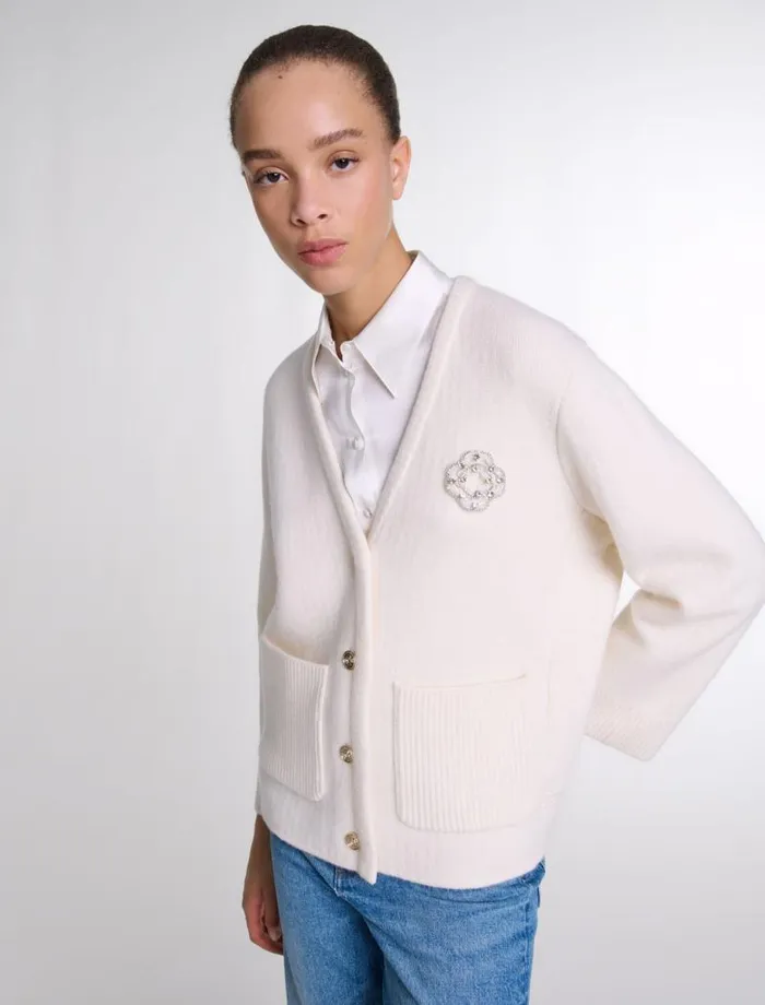 Maje Sweaters and Cardigans Womens Knit Cardie With Rhinestone Clover Ecru