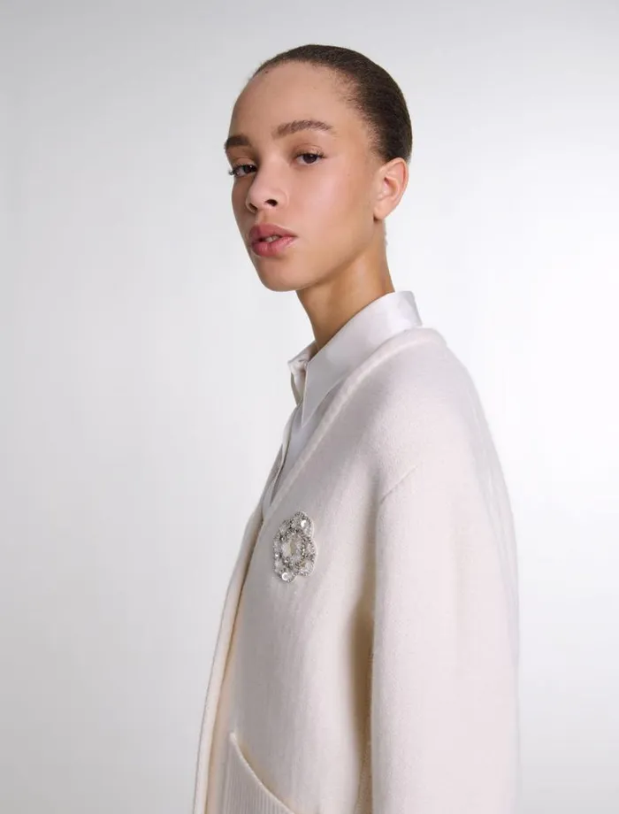 Maje Sweaters and Cardigans Womens Knit Cardie With Rhinestone Clover Ecru