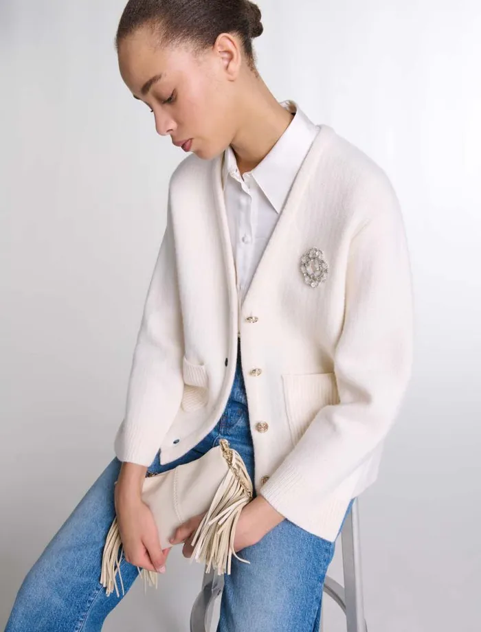 Maje Sweaters and Cardigans Womens Knit Cardie With Rhinestone Clover Ecru