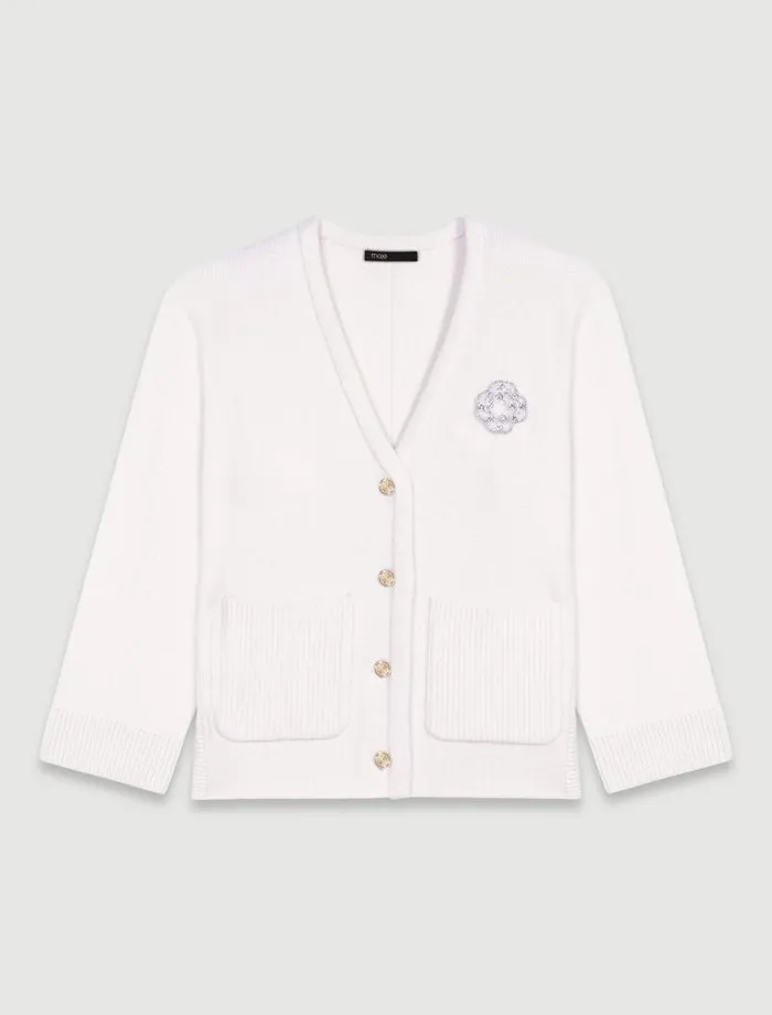 Maje Sweaters and Cardigans Womens Knit Cardie With Rhinestone Clover Ecru