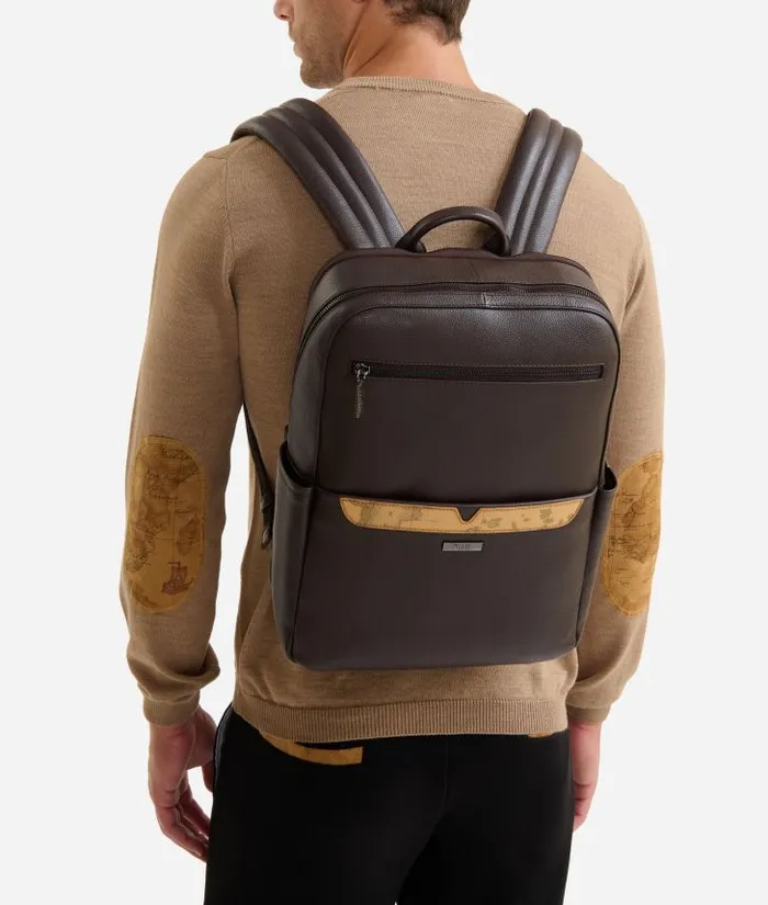 Man Backpacks and Belt Bags Alviero Martini Beta Leather Medium Computer Backpack Dark Brown