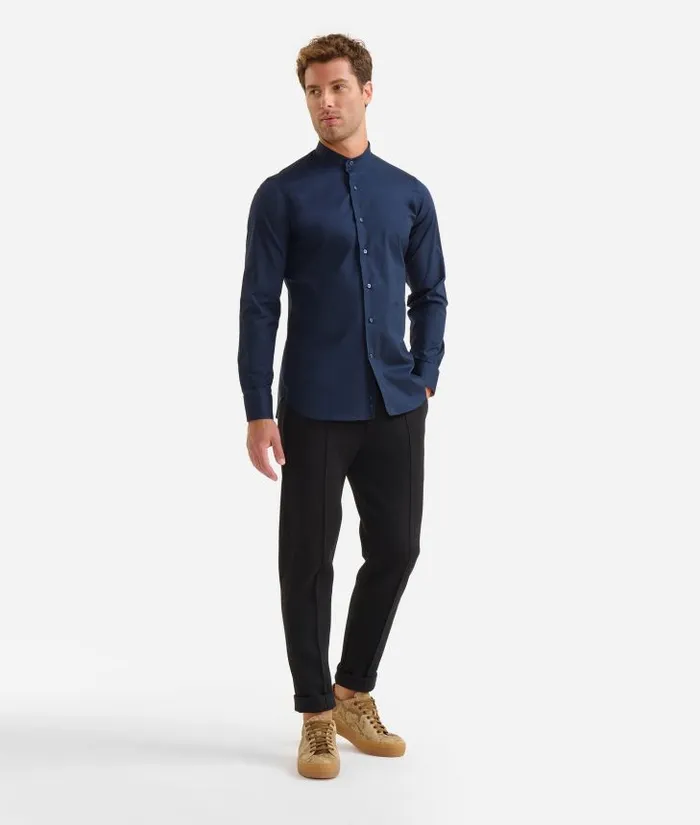 Man Knitwears Shirts and TShirts Alviero Martini Stretch Cotton Band Collar Shirt With Geo Classic Elbow Patches Navy Blue Man Knitwears Shirts and TShirts Alviero Martini Stretch Cotton Band Collar Shirt With Geo Classic Elbow Patches Navy Blue