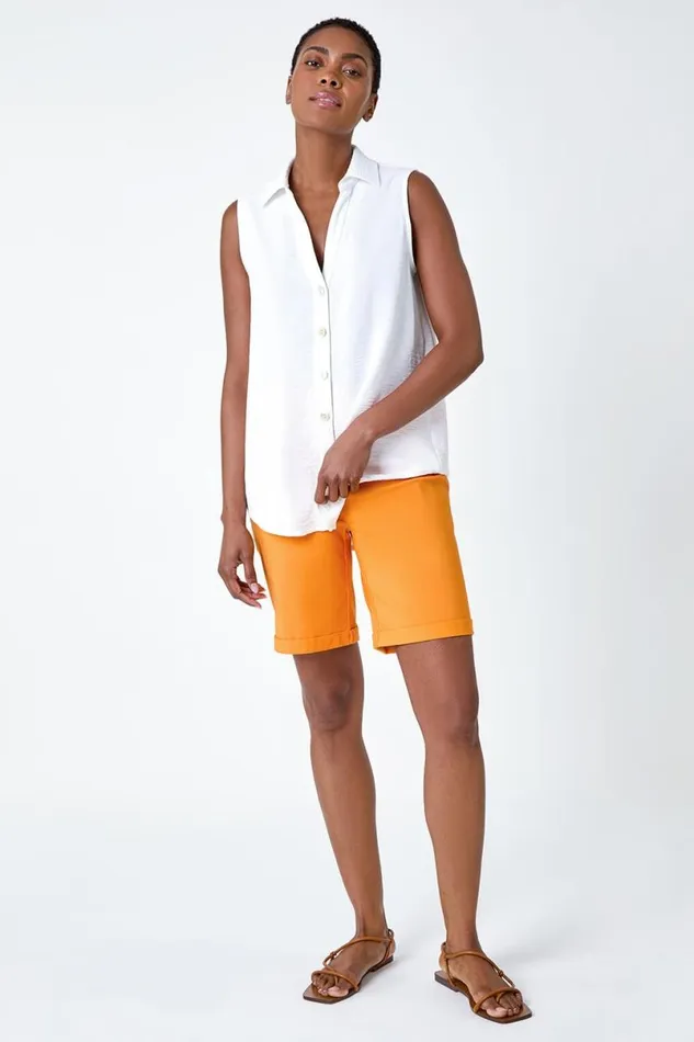 Mango Elastic Waist Turn Up Stretch Shorts Women Roman Trousers