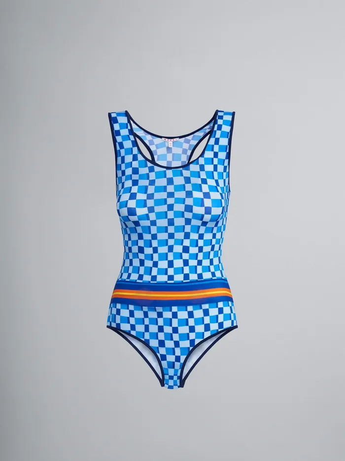 Marni Iconic Damier Print Stretch Fabric Onepiece Swimsuit Alluminium Womens Beachwear Marni Iconic Damier Print Stretch Fabric Onepiece Swimsuit Alluminium Womens Beachwear