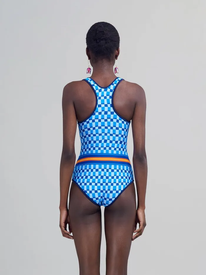 Marni Iconic Damier Print Stretch Fabric Onepiece Swimsuit Alluminium Womens Beachwear Marni Iconic Damier Print Stretch Fabric Onepiece Swimsuit Alluminium Womens Beachwear
