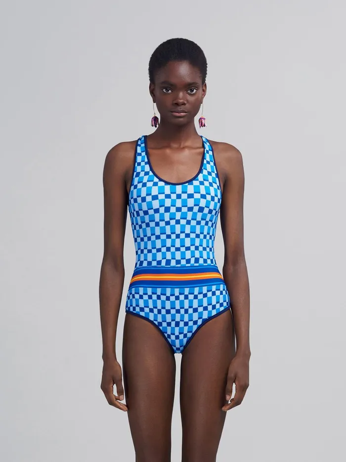 Marni Iconic Damier Print Stretch Fabric Onepiece Swimsuit Alluminium Womens Beachwear Marni Iconic Damier Print Stretch Fabric Onepiece Swimsuit Alluminium Womens Beachwear
