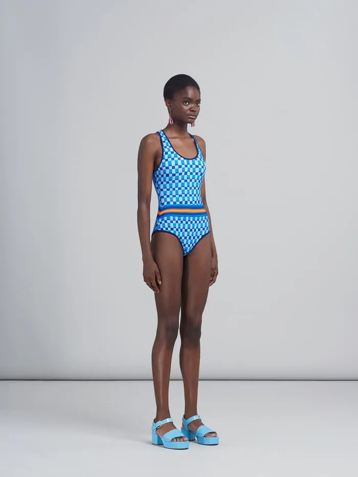 Marni Iconic Damier Print Stretch Fabric Onepiece Swimsuit Alluminium Womens Beachwear Marni Iconic Damier Print Stretch Fabric Onepiece Swimsuit Alluminium Womens Beachwear