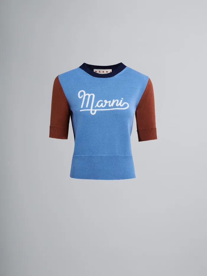 Marni Shortsleeved Logo Bio Cotton Sweater Light Blue Womens Knitwear